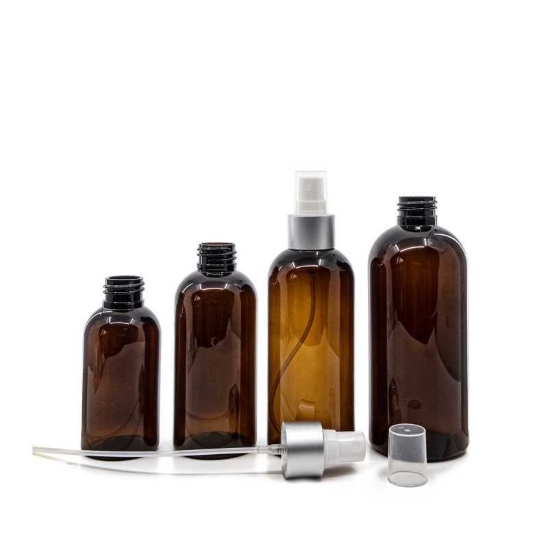 Barna műanyag palack, fehér permetező matt ezüst gyűrűvel, 150 ml