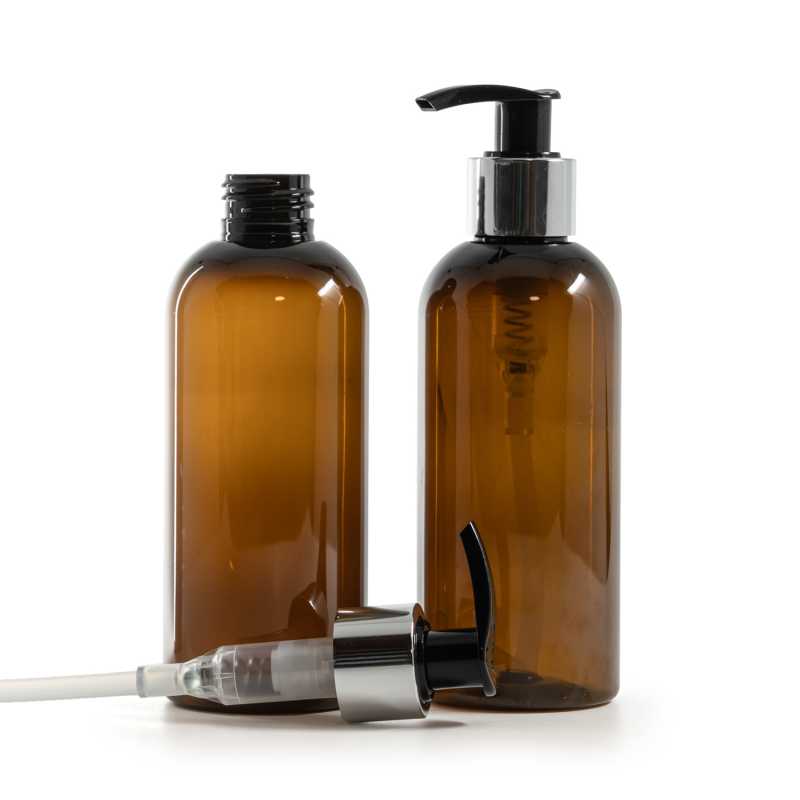Barna műanyag palack, fekete adagoló fényes ezüst gallérral, 200 ml