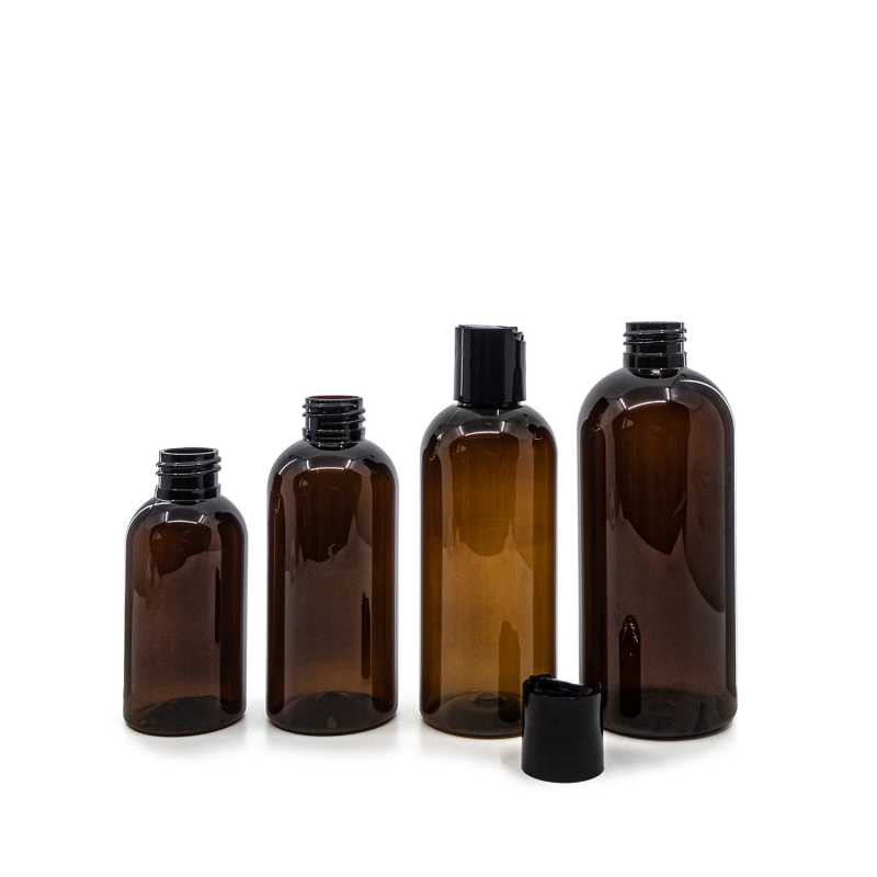 Barna műanyag palack, fekete disc-top kupak, 300 ml