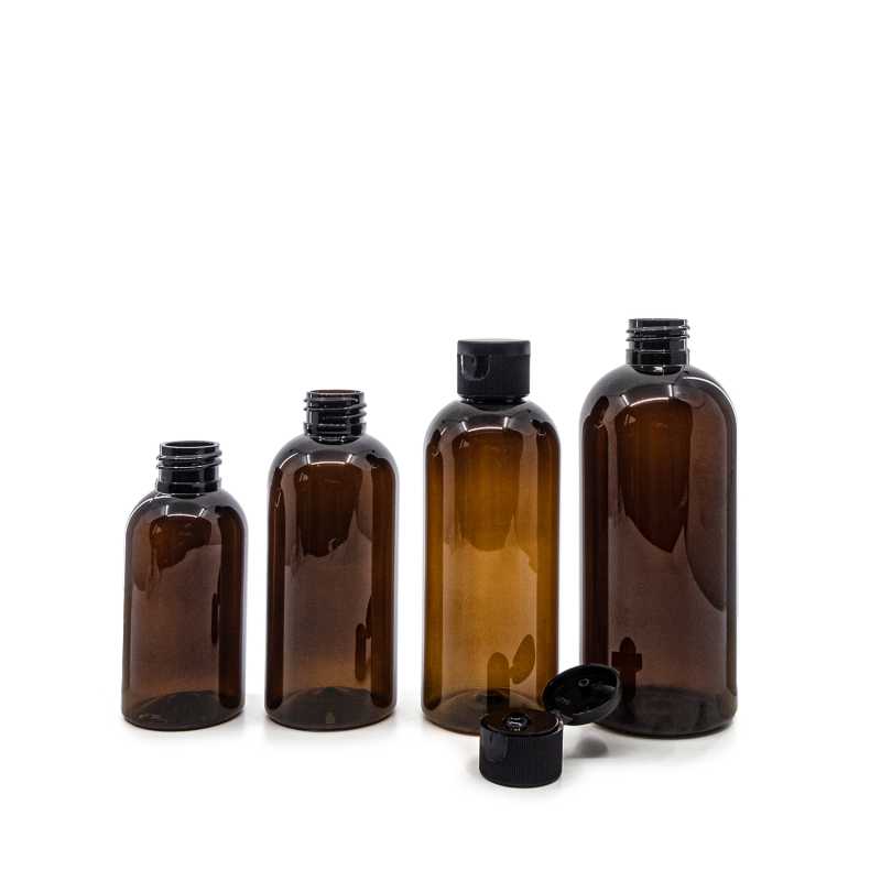 Barna műanyag palack, fekete flip-top kupakkal, 200 ml