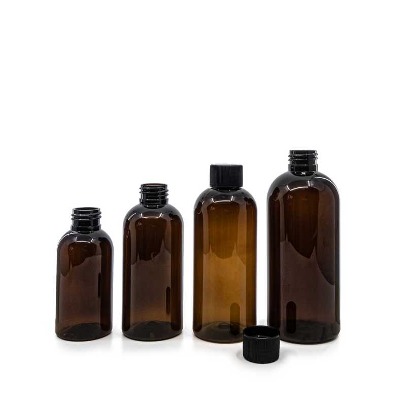 Barna műanyag palack, fekete bordázott kupak, 100 ml