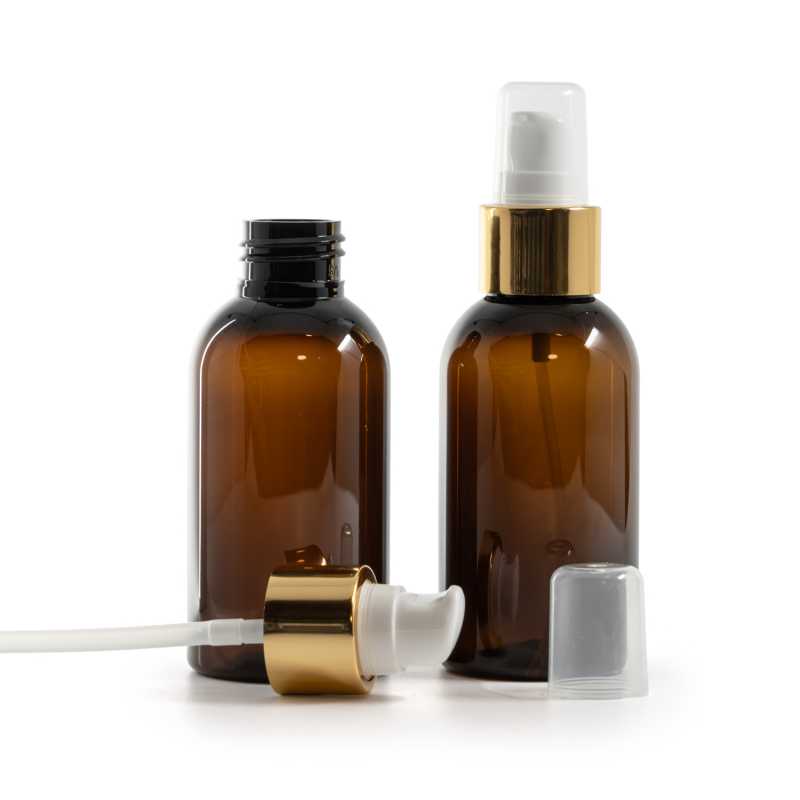 Barna műanyag palack, adagolópumpa kupakkal, fehér-arany, 100 ml