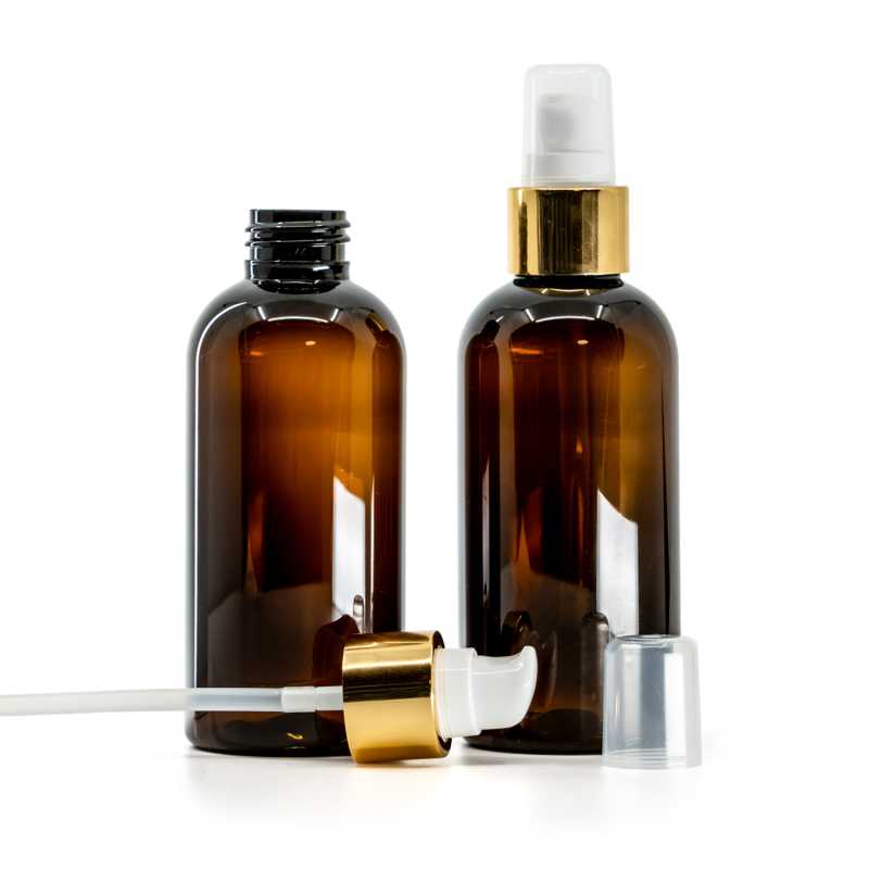 Barna műanyag palack, adagolópumpa kupakkal, fehér-arany, 150 ml