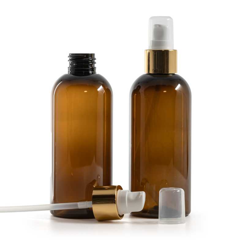 Barna műanyag palack, fehér adagoló kupakkal, fényes arany, 200 ml