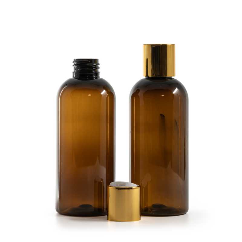 Barna műanyag palack, arany színű disc-top kupak fehér betéttel, 200 ml