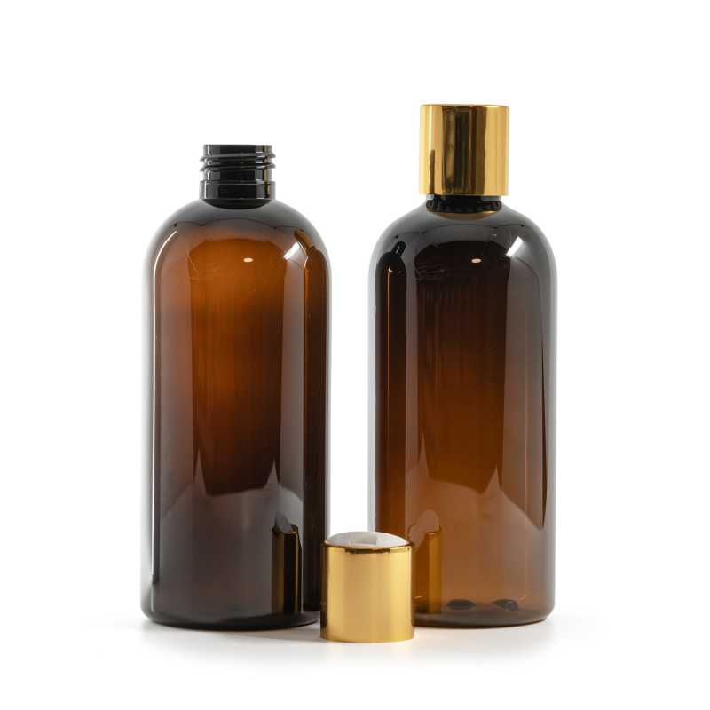 Barna műanyag palack, arany színű disc-top kupak, fehér betéttel, 300 ml