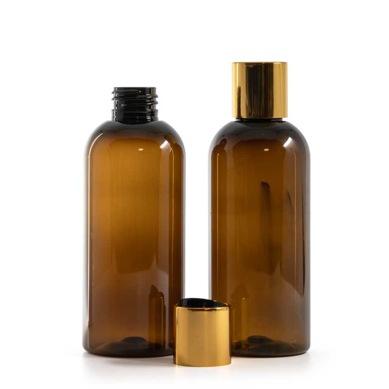 Barna műanyag palack, arany színű disc-top kupak fekete betéttel, 200 ml