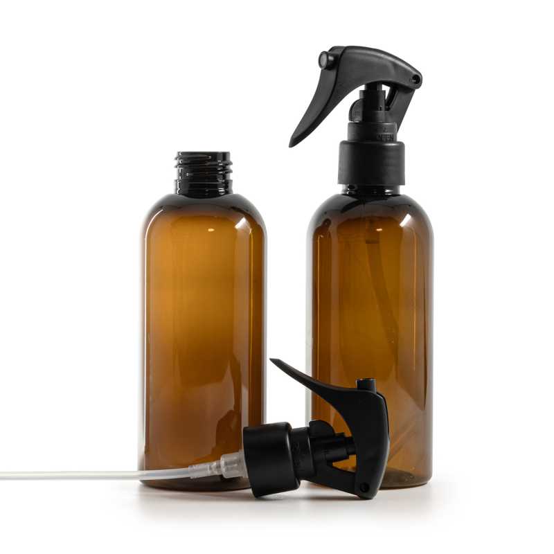 Barna műanyag palack, matt fekete mini permetező, sima gyűrű, 200 ml