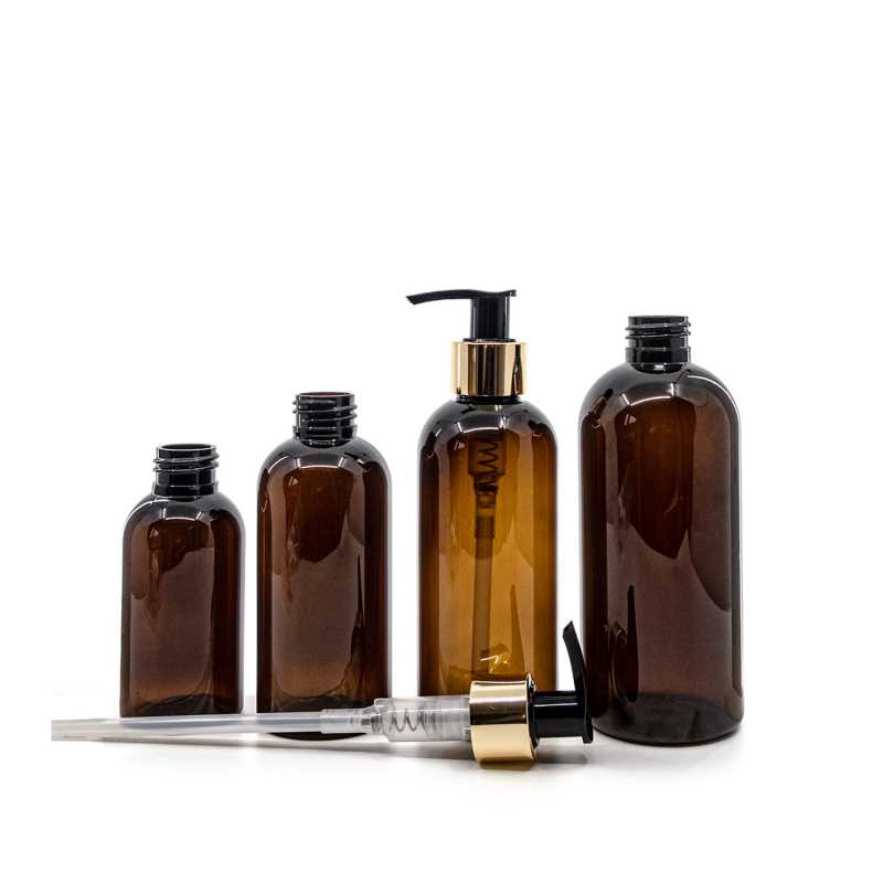 Barna műanyag palack 100 ml arany szivattyús adagolóval