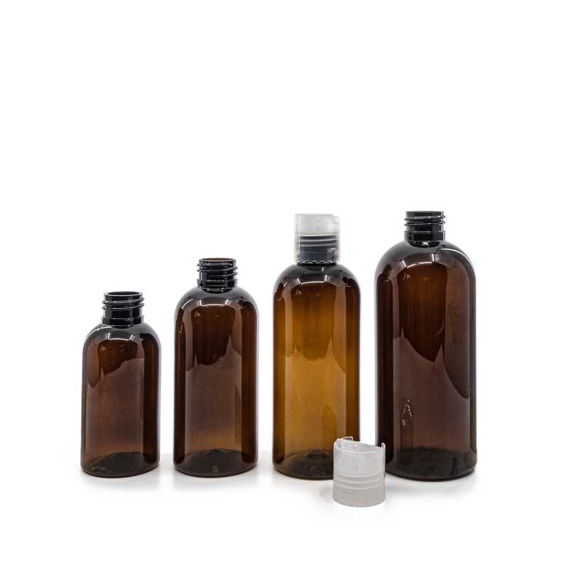 Barna műanyag flakon, átlátszó disc top kupak, 150 ml