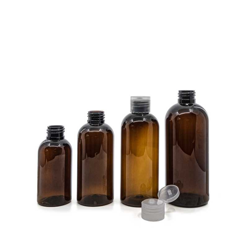 Borostyánszínű műanyag palack, átlátszó flip-top kupak, 100 ml