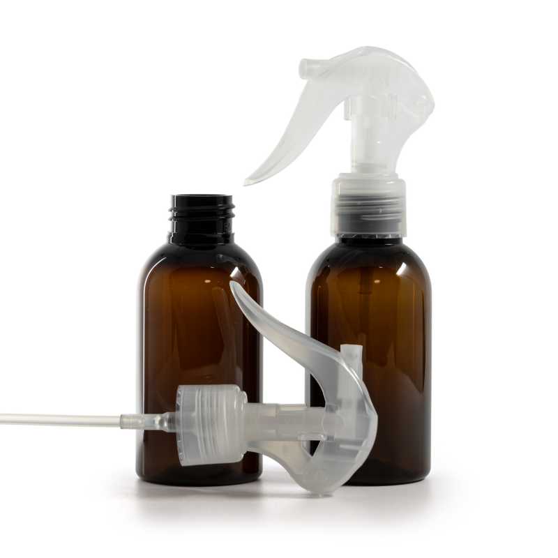 Borostyánsárga műanyag palack átlátszó mini pisztolyszóró fejjel 100 ml
