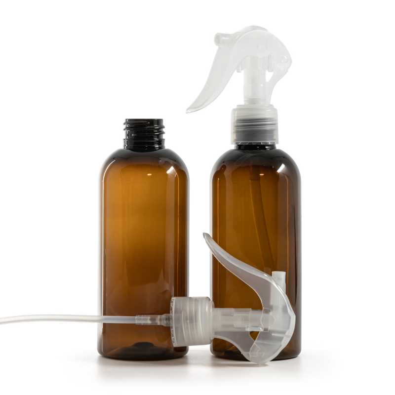 Barna műanyag palack átlátszó mini permetezőfejjel 200 ml