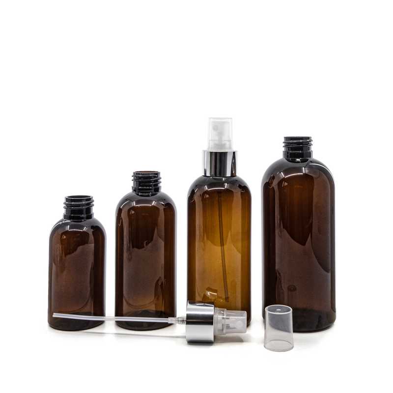 Barna műanyag palack, átlátszó permetezőfej fényes ezüst gallérral, 100 ml