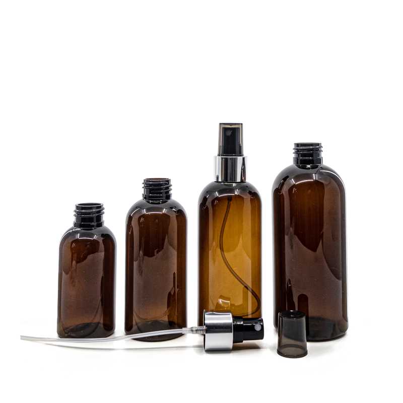 Barna műanyag palack, fekete permetező fényes ezüst gallérral, 100 ml
