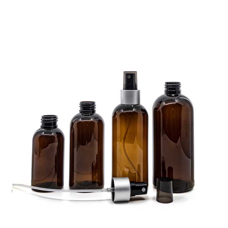 Barna műanyag palack, fekete permetezőfej, matt ezüst gallér, 300 ml