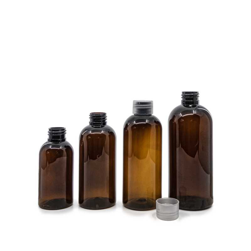 Borostyánsárga műanyag palack átlátszó kupakkal 150 ml