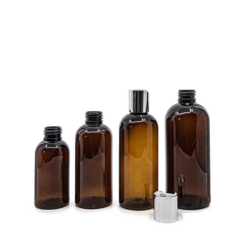 Barna műanyag palack ezüst színű disc top kupakkal 150 ml