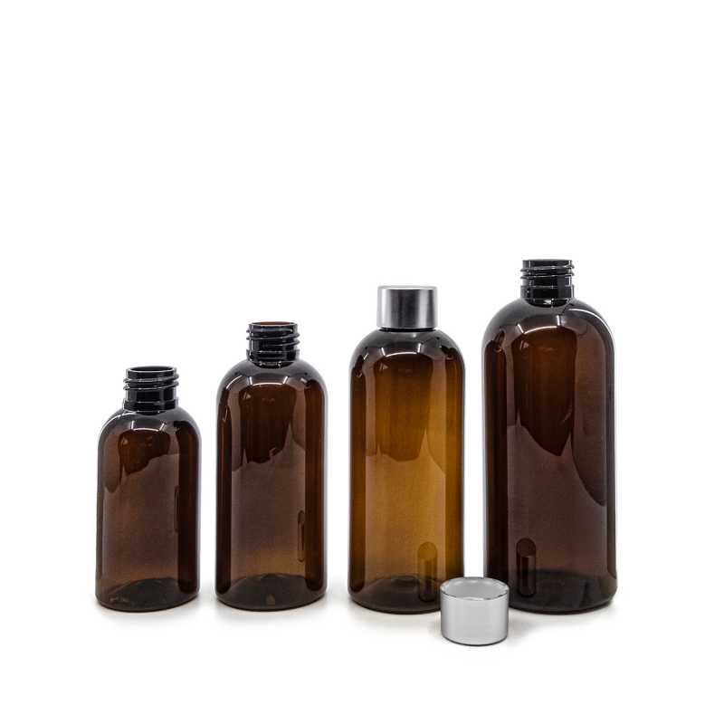 Borostyánszínű műanyag palack ezüst kupakkal 300 ml