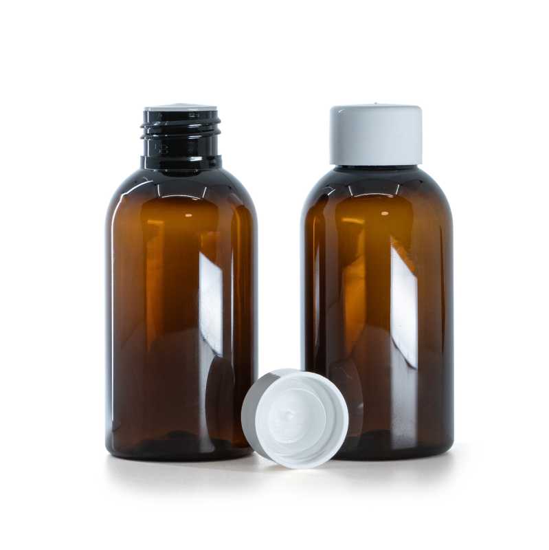 Barna műanyag palack, fehér sima kupak reduktorral, 100 ml