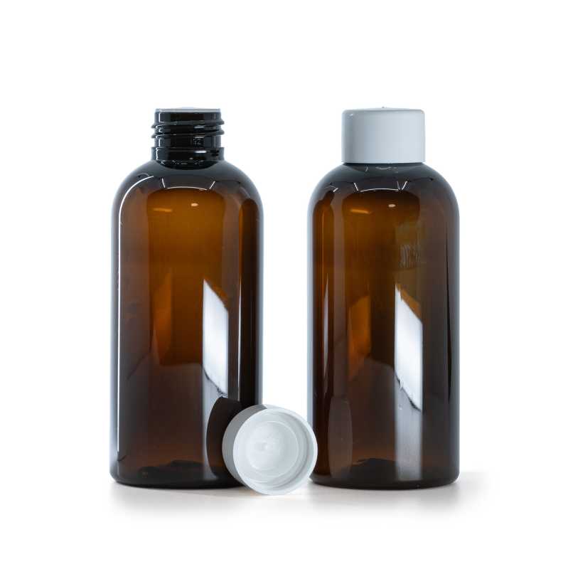 Barna műanyag palack, fehér sima kupak szűkítővel, 150 ml