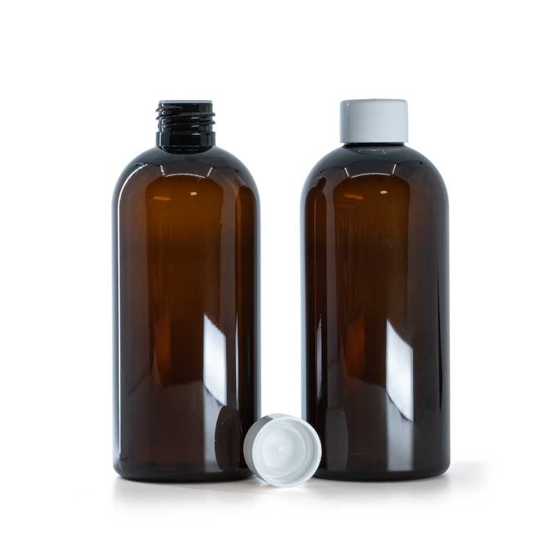 Barna műanyag palack, sima fehér kupak szűkítővel, 300 ml