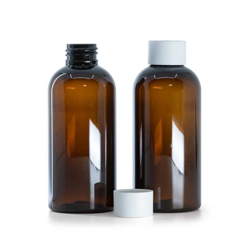 Barna műanyag palack, matt fehér kupak, 150 ml