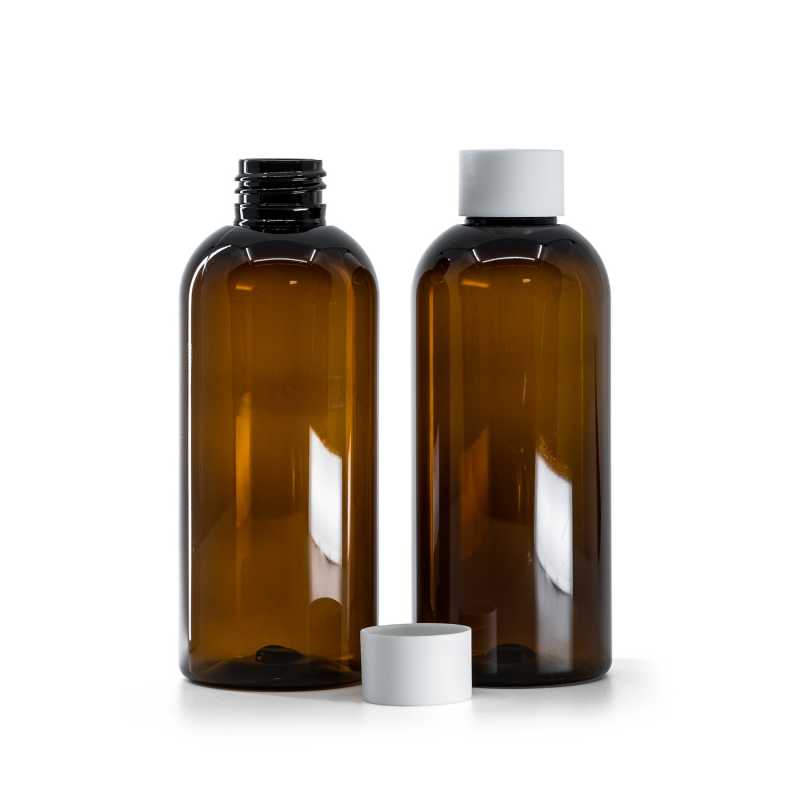 Barna műanyag palack, matt fehér kupak, 200 ml