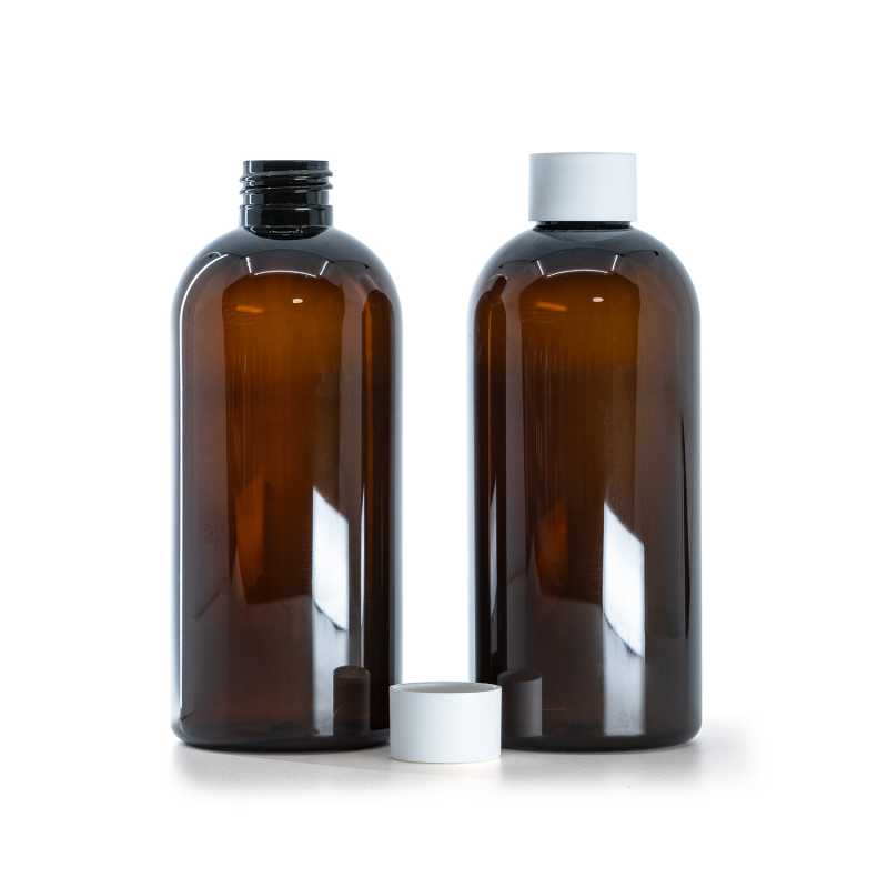 Barna műanyag palack, matt fehér kupak, 300 ml