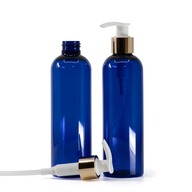 Kék műanyag palack fehér adagolófejjel fényes arany gyűrűvel 250 ml