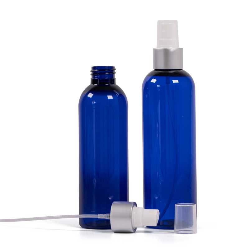 Kék műanyag palack fehér permetezőfejjel és matt ezüst gyűrűvel, 200 ml