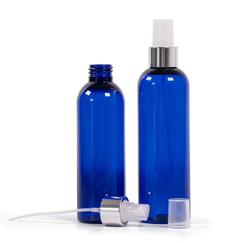 Kék műanyag palack, átlátszó permetezőfej fényes ezüst gyűrűvel, 200 ml