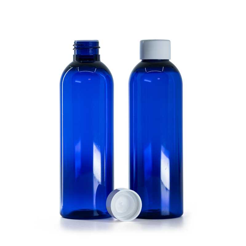 Kék műanyag palack, sima fehér kupak reduktorral, 200 ml