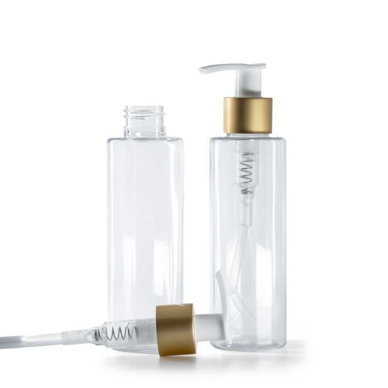 Átlátszó műanyag palack, fehér adagoló matt arany gyűrűvel, 150 ml