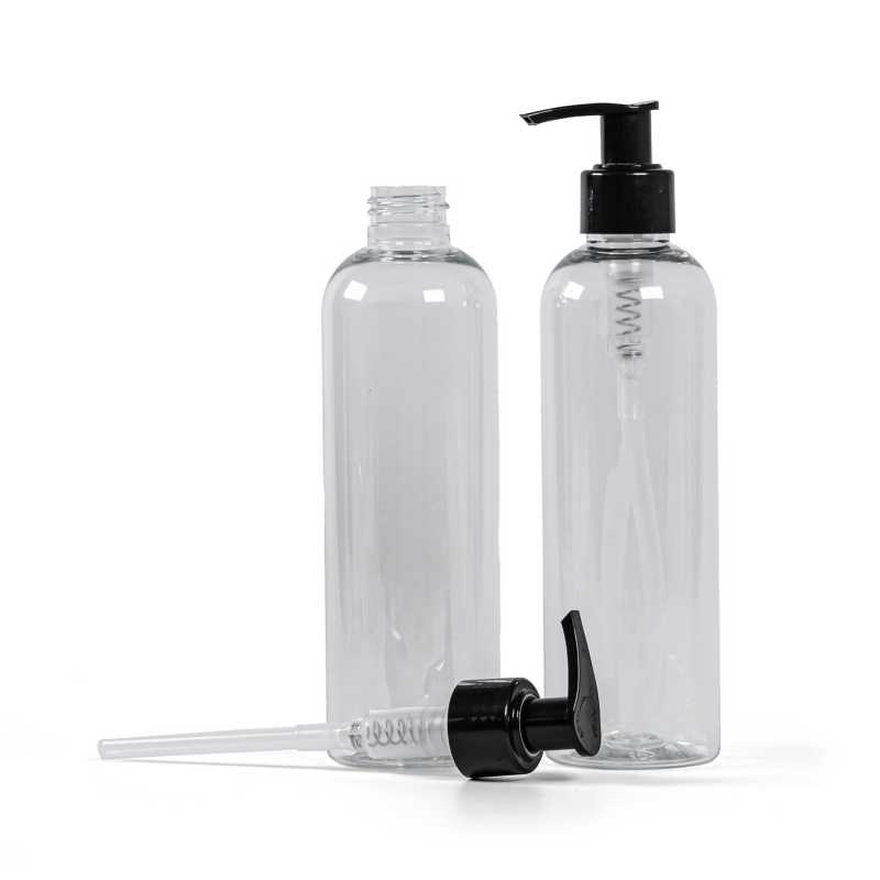 Átlátszó műanyag palack fekete adagolóval 250 ml