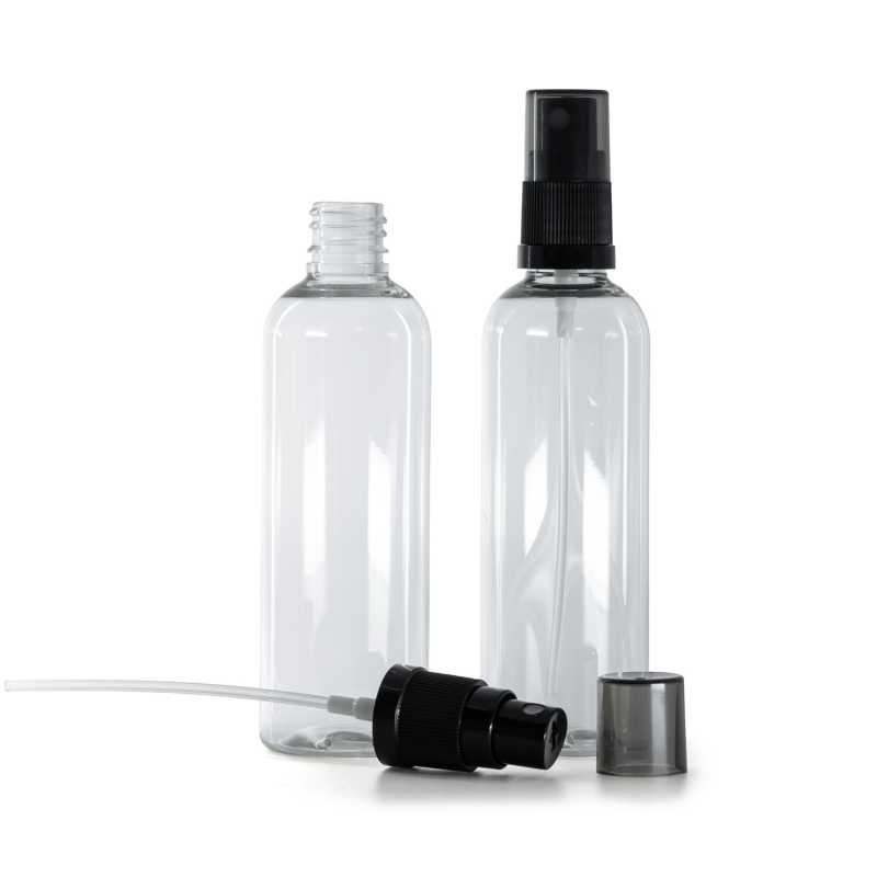 Átlátszó műanyag üveg, fekete finompermetező, füstös felső kupak, 100 ml