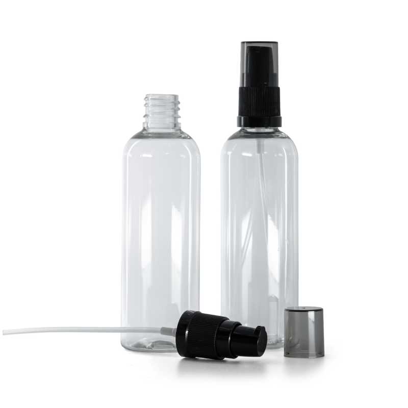 Átlátszó műanyag üvegcse, krémadagoló füstös felső kupakkal, 100 ml