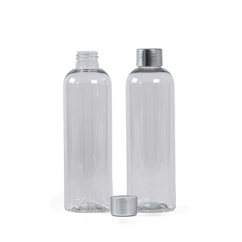 Átlátszó műanyag palack, 24/410, matt ezüst műanyag kupak, 250 ml