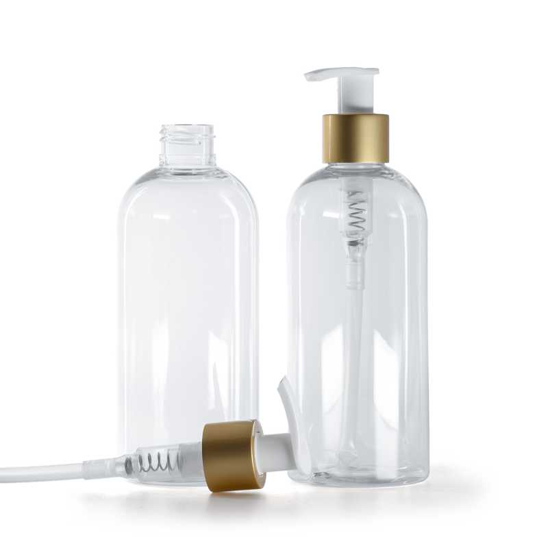 Kerek, átlátszó műanyag palack, fehér adagolós pumpa matt arany gallérral, 300 ml