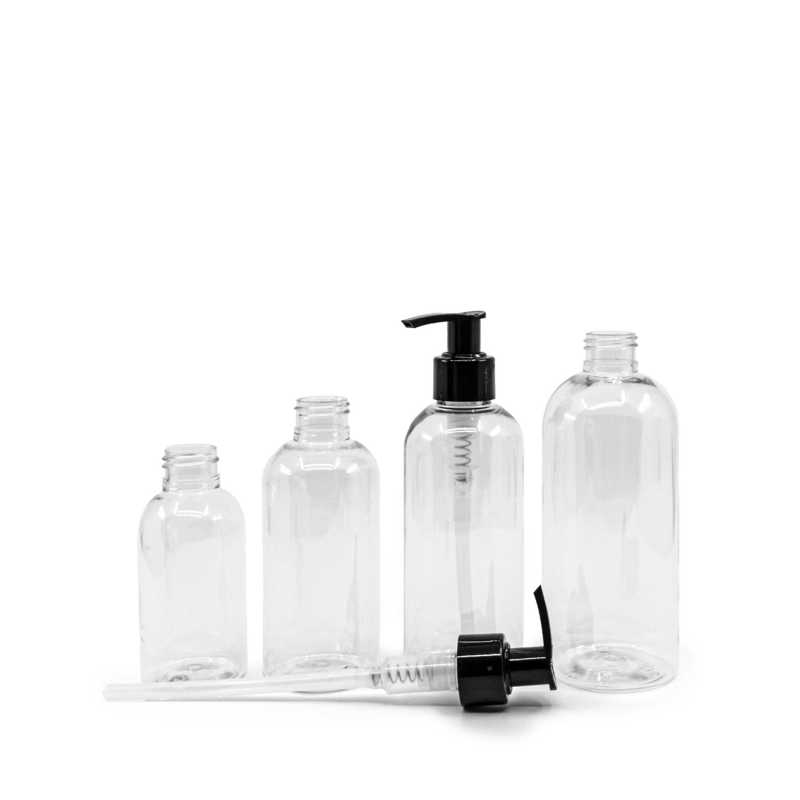 Kerek, átlátszó műanyag palack, fekete adagoló, 100 ml