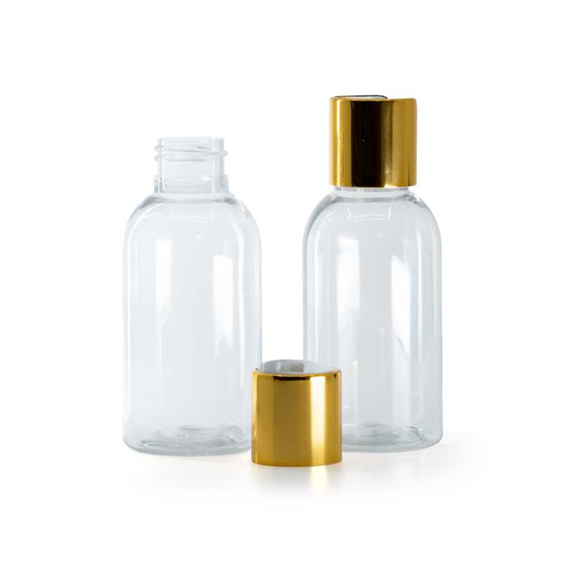 Kerek, átlátszó műanyag palack, arany disc-top kupak fehér betéttel, 100 ml