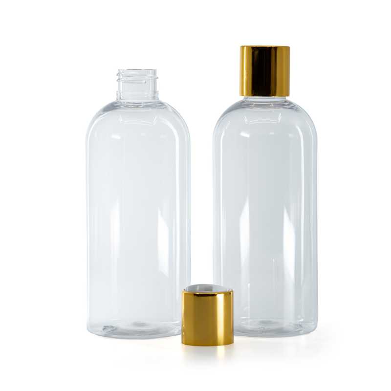 Kerek, átlátszó műanyag palack, arany színű disc-top kupak fehér betéttel, 300 ml