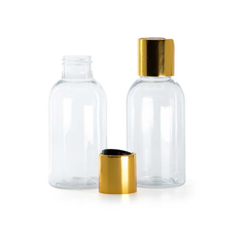 Kerek, átlátszó műanyag palack, arany disc-top kupakkal, fekete betéttel, 100 ml