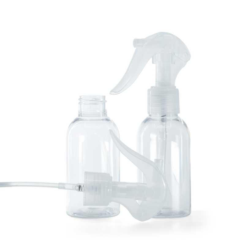 Kerek, átlátszó műanyag palack átlátszó mini permetezőfejjel, 100 ml