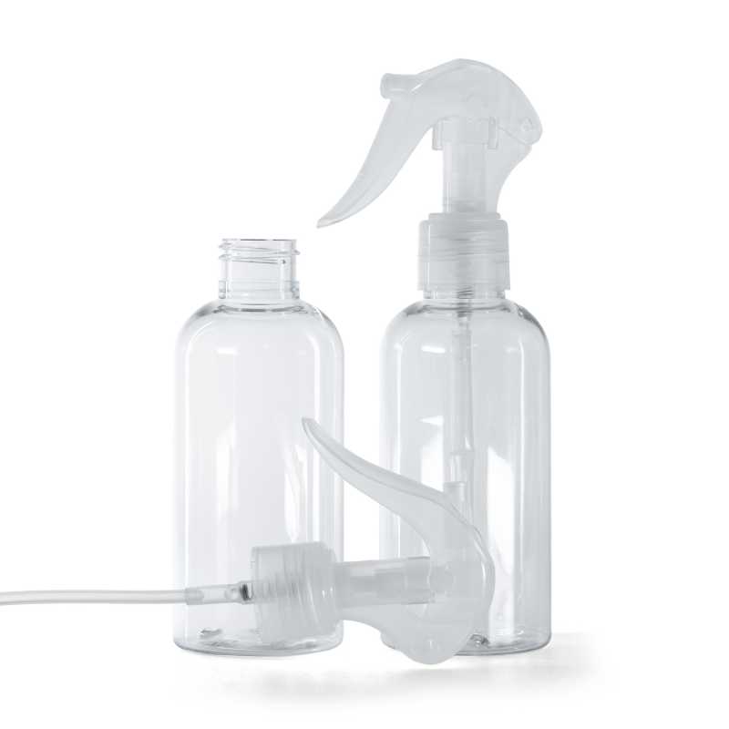 Kerek, átlátszó műanyag palack átlátszó mini ravaszos permetezőfejjel 150 ml