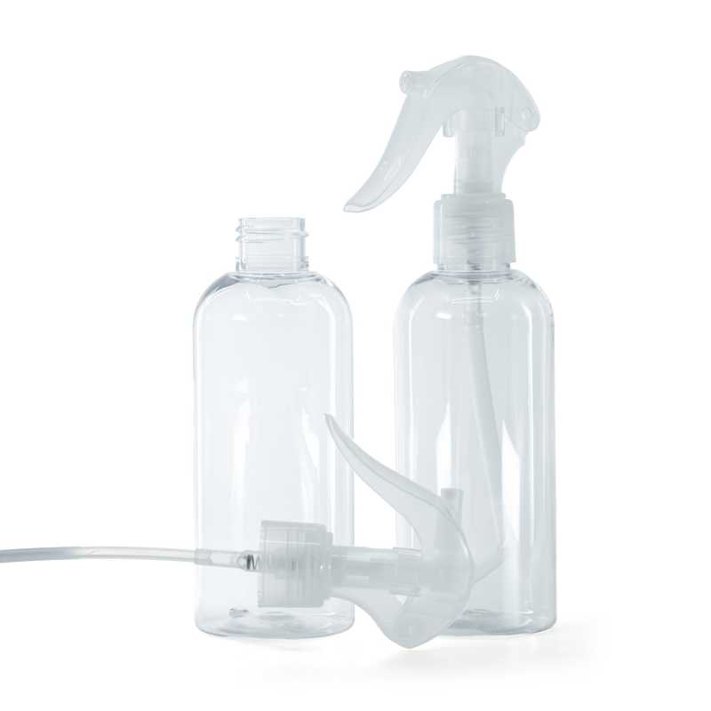 Kerek, átlátszó műanyag palack átlátszó mini ravaszos permetezővel, 200 ml