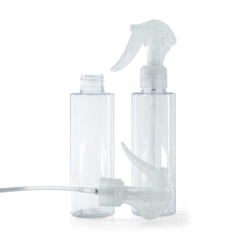 Átlátszó műanyag palack mini ravaszos permetezőfejjel, 150 ml