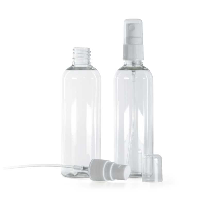 Átlátszó műanyag üvegcse fehér szórófejjel, 100 ml