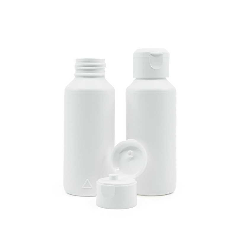 Fehér HDPE műanyag flakon fehér flip-top kupakkal 100 ml