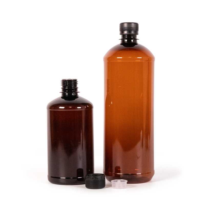 Barna műanyag palack, fekete gyermekzáras kupak pipettával, 1000 ml